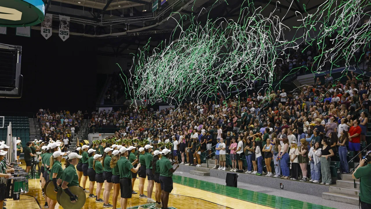 Streamers coming down from the roof of Halton Arena during the 2024 New Student Welcome 