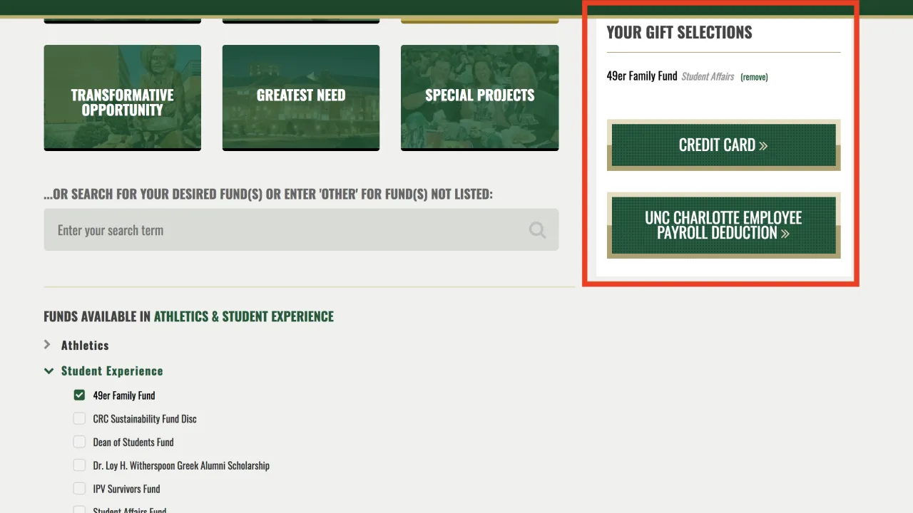 Screenshot showing Gift Selection payment options.
