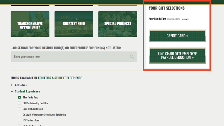 Screenshot showing Gift Selection payment options.