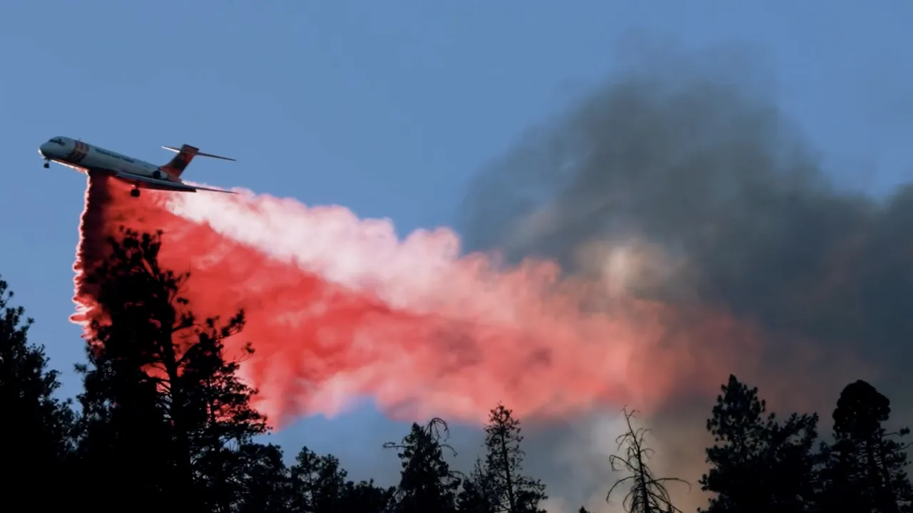 A screenshot from the Parched and in Peril video, showing a plane flying over a forest