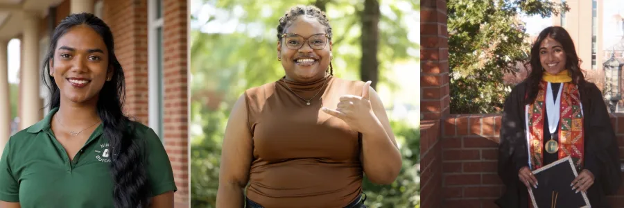 Banner photo of the three Bell Ringers for fall commencement 2025: Karunya Karthikeyan, Cassietta “Cassie” Broadhead and Anum Hafiz