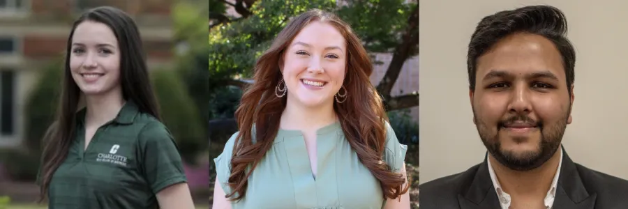 Pictures of Morgan Owings, Nikki Westlake and Jayesh Jain, the Fall 2023 bell ringers