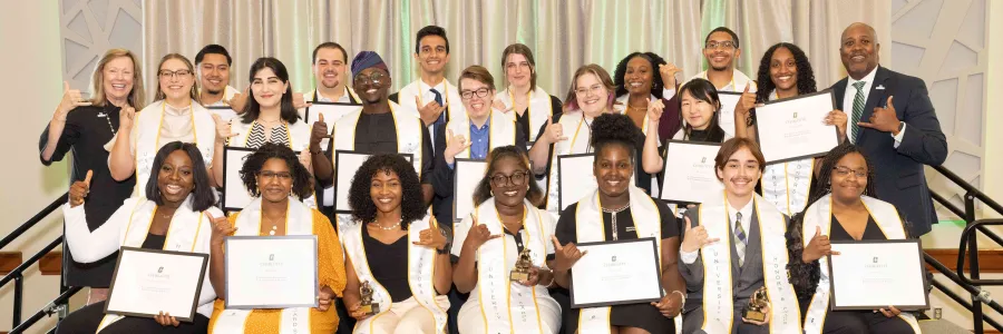 The 20 students, Chancellor Gaber and Vice Chancellor Bailey at the 2024 Honors and Awards ceremony