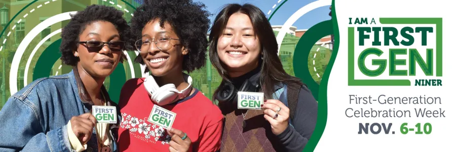 Student holding up First Gen stickers