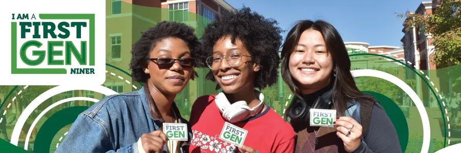 First-Fen Celebration Week graphic with three smiling students holding First-Gen stickers