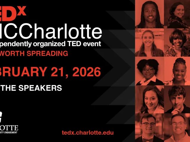 TEDxUNCCharlotte meet the speakers graphic for the Feb. 21, 2026 event.