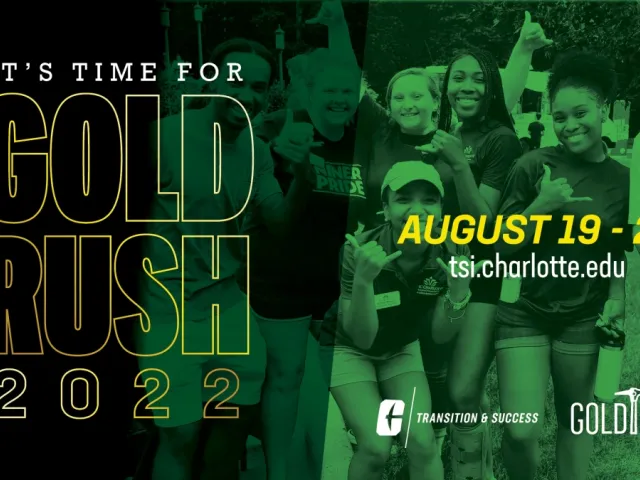 Graphic for Gold Rush 2022 with smiling students in the background.