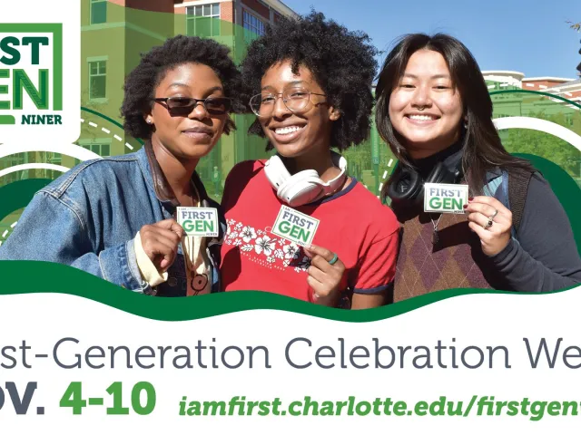 First-Fen Celebration Week graphic with three smiling students holding First-Gen stickers