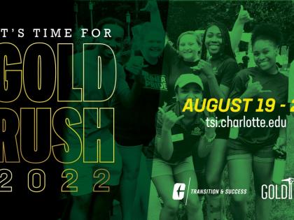 Graphic for Gold Rush 2022 with smiling students in the background.