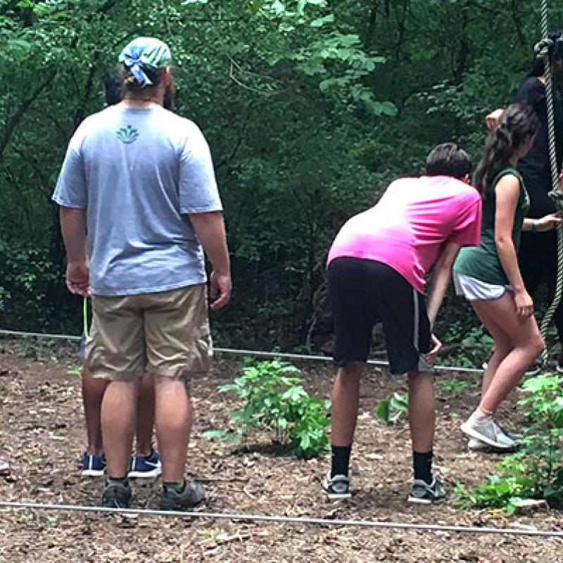 Group of students participating in a low ropes team building exercise.
