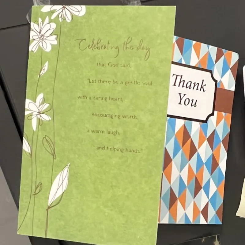 Thank you notes hanging up in Bridget Johnson's office