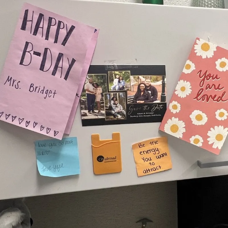 Thank you notes hanging up in Bridget Johnson's office